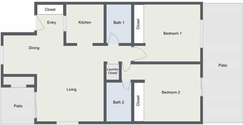 Floor plan for 2 beds, 2 baths, 880 sqft